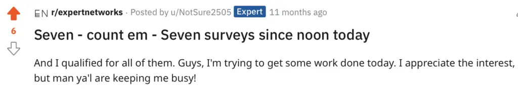 Post boasting about a high number of GLG survey requests